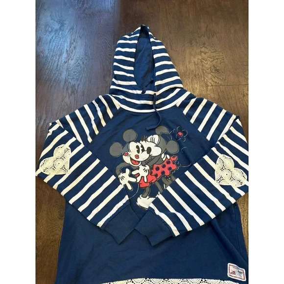 Nwt Disney Parks Sweatshirt Women Mickey Minnie Blue Striped Hoodie Pullover b41 - Picture 2 of 3